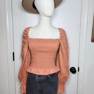 Reformation Coral Smocked Linen Square Neck Top Peach Puff Sleeve Small Cottage